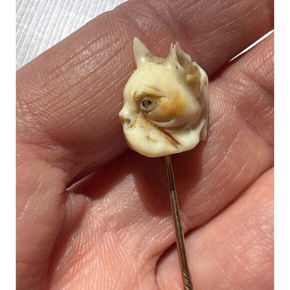 Antique Hand-Carved French Bulldog Head Hat Lapel Stick Pin Exquisite - Picture 2 of 10